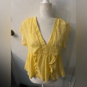 Zara Yellow Polka Dot Ruffle Lace Short Sleeve Blouse S Dopamine Balletcore Twee